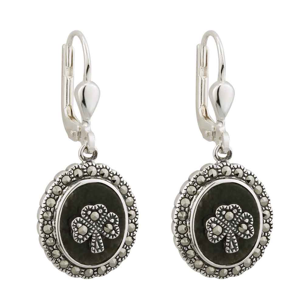 Product image for Sterling Silver Marcasite Shamrock Marble Earrings