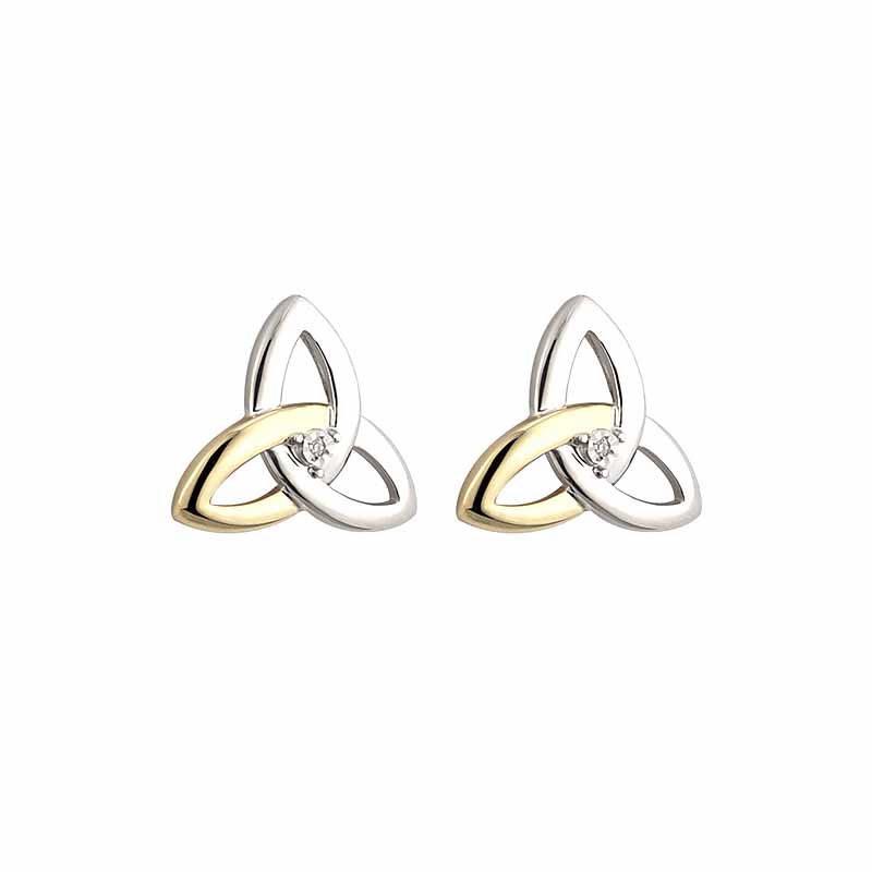 Product image for Irish Earrings | Diamond Sterling Silver and 10k Yellow Gold Stud Celtic Trinity Knot Earrings