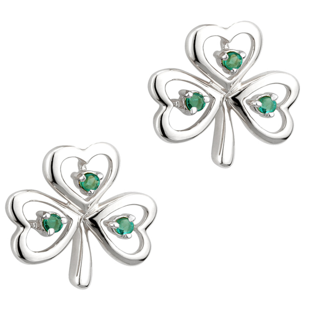 Product image for Irish Earrings | 14k White Gold Emerald Shamrock Stud Earrings