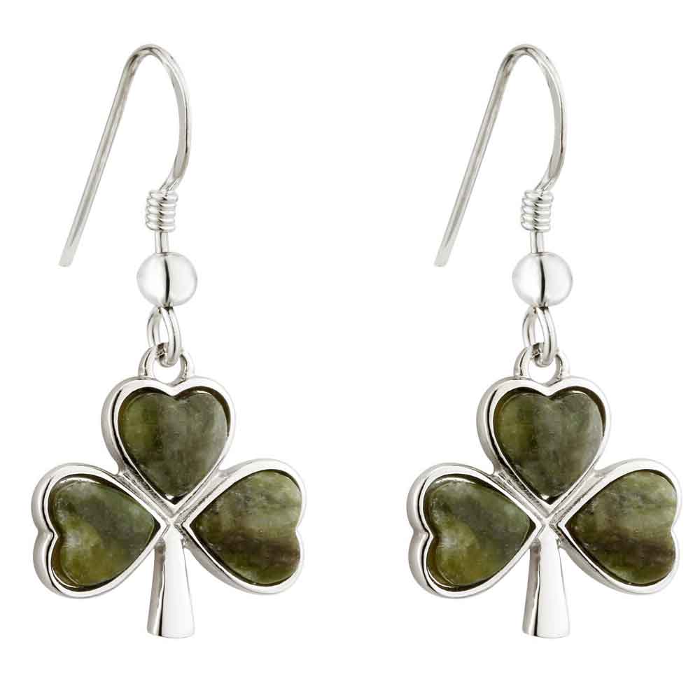 Product image for Shamrock Earrings - Rhodium Plated Connemara Marble Shamrock Drop Earrings