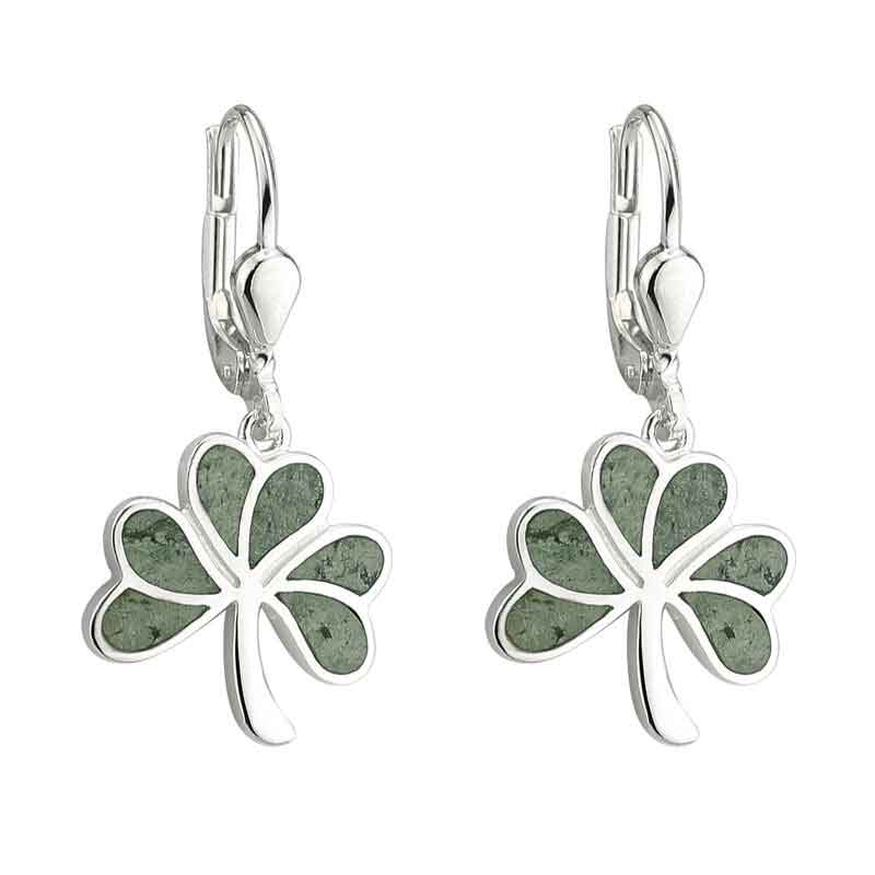 Product image for Shamrock Earrings - Sterling Silver Connemara Marble Shamrock Drop Earrings