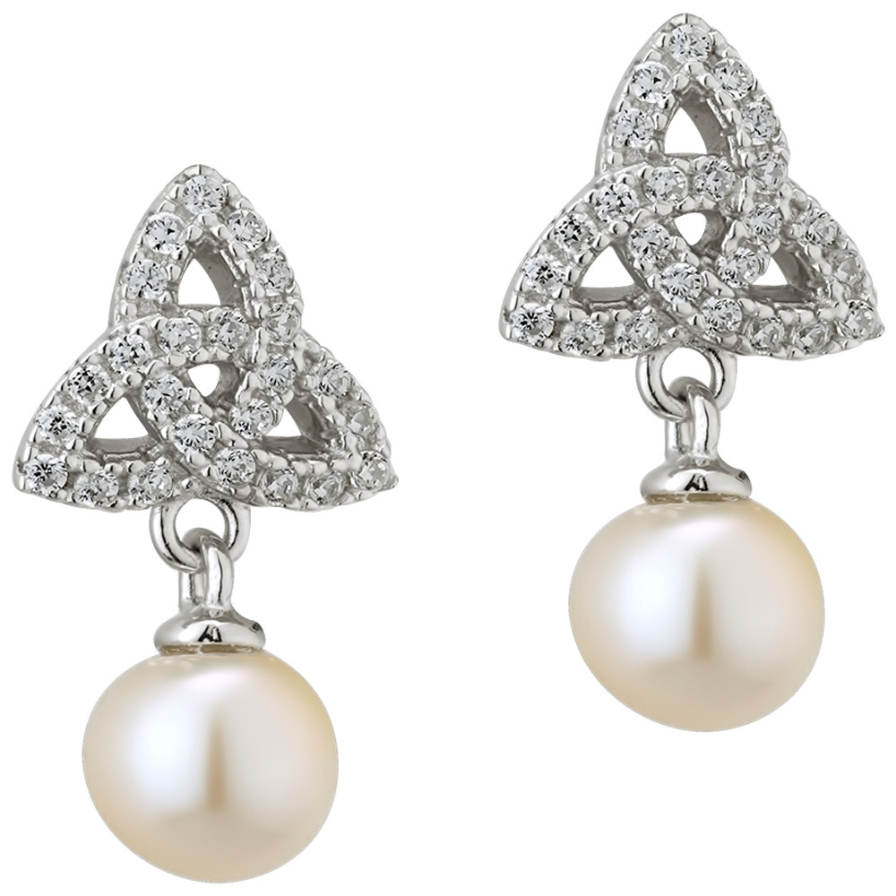 Product image for Irish Earrings - Sterling Silver Crystal and Pearl Trinity Knot Earrings