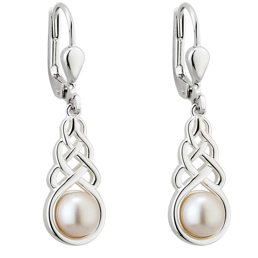 Product image for Irish Earrings - Sterling Silver Pearl Celtic Knot Drop Earrings