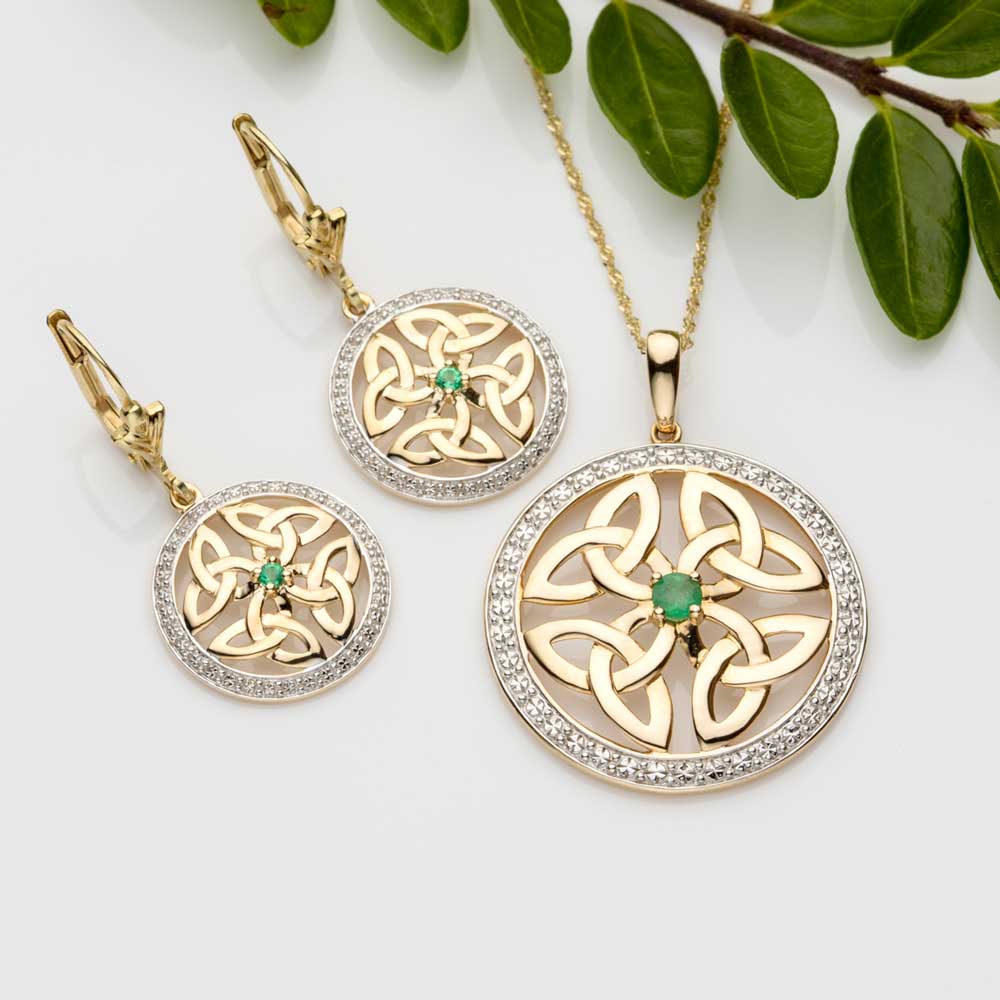 Product image for Irish Earrings | 14k Gold Emerald Trinity Knot Circle Celtic Earrings