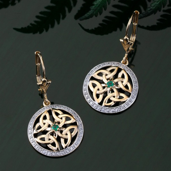 Product image for Irish Earrings | 14k Gold Emerald Trinity Knot Circle Celtic Earrings