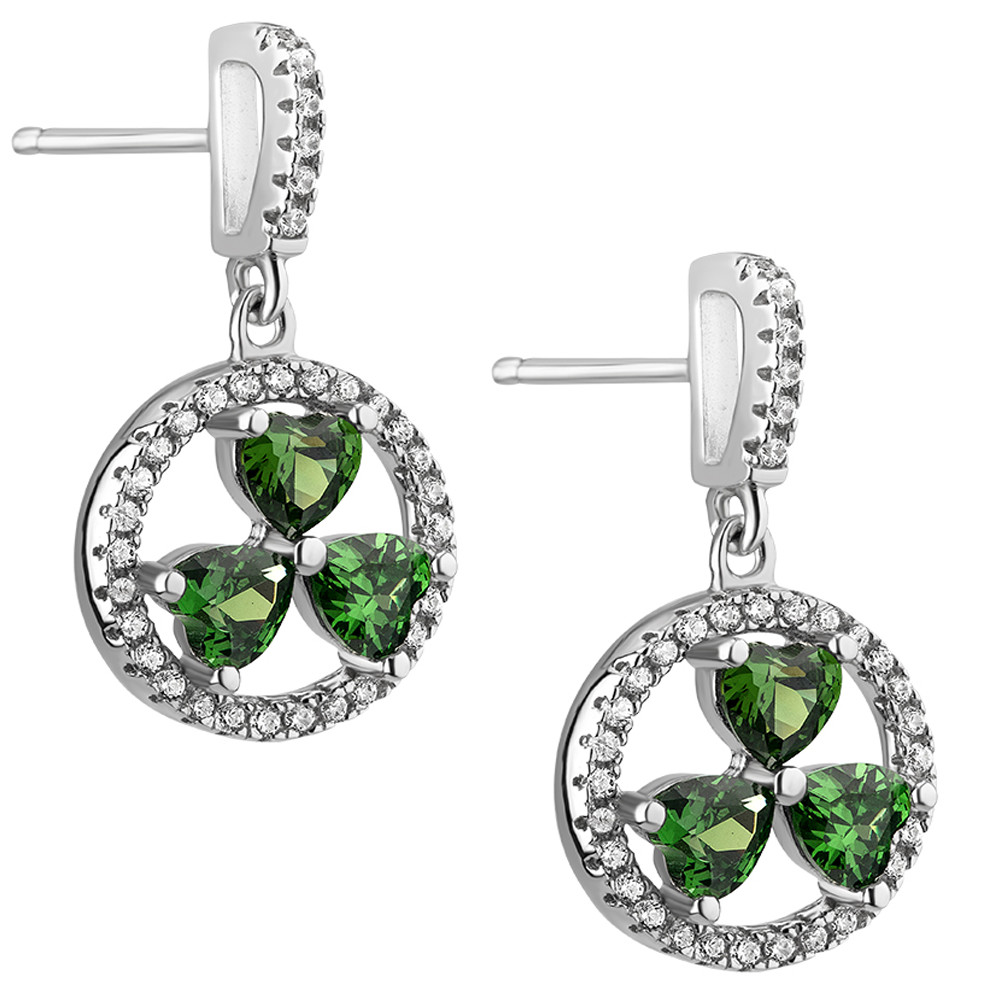 Product image for Irish Earrings | Sterling Silver Green Crystal Shamrock Drop Earrings