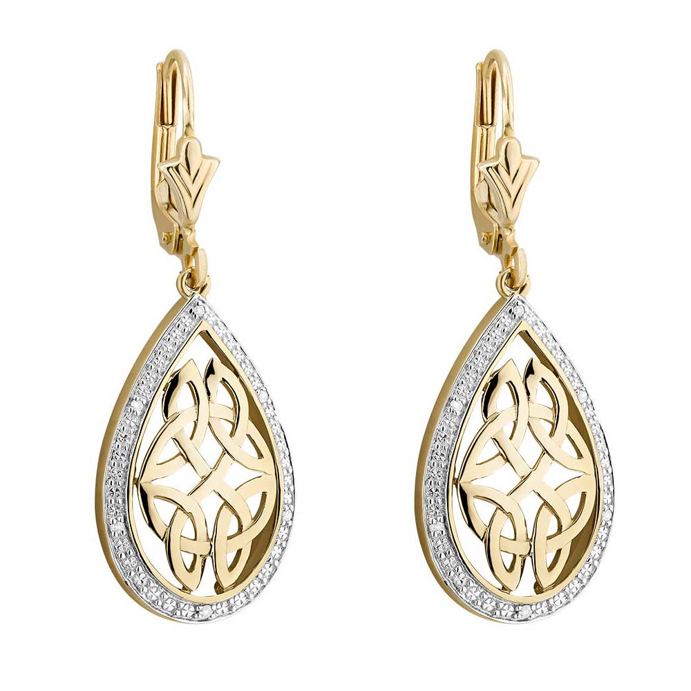 Product image for Irish Earrings | 10k Gold Diamond Trinity Celtic Knot Oval Drop Earrings