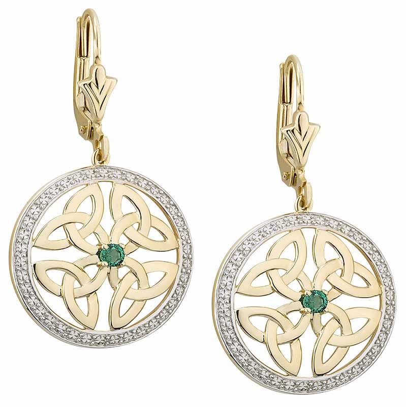 Product image for Irish Earrings | 10k Gold Diamond & Emerald Trinity Knot Celtic Earrings