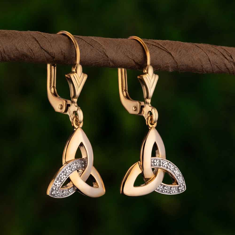Product image for Irish Earrings | 10k Gold Diamond Trinity Knot Celtic Drop Earrings
