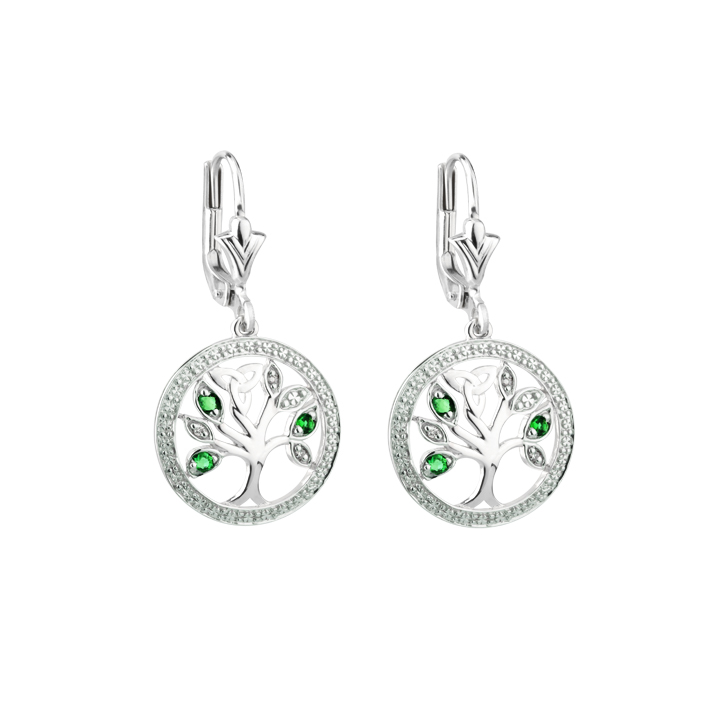 Product image for Irish Earrings | 14k White Gold Diamond & Emerald Celtic Tree of Life Earrings