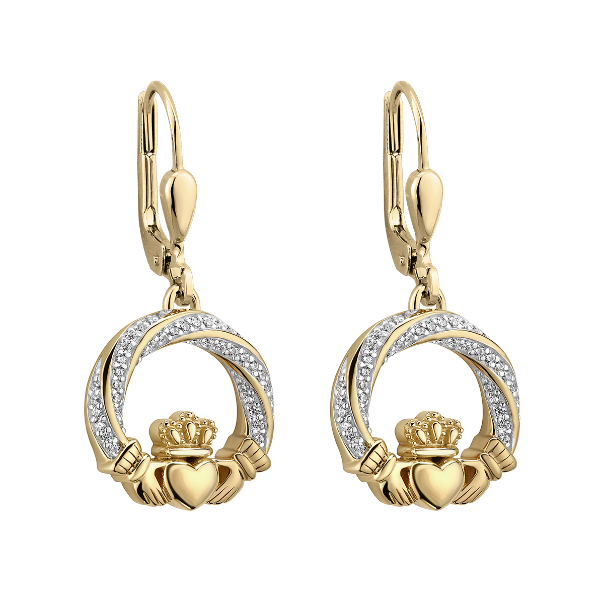 Product image for Irish Earrings | Vermeil Gold Overlay Sterling Silver Drop Crystal Claddagh Earrings