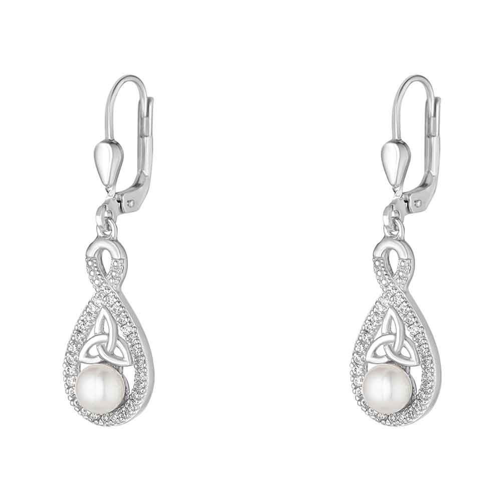 Product image for Irish Earrings | Sterling Silver Twisted Crystal Trinity Knot Pearl Earrings