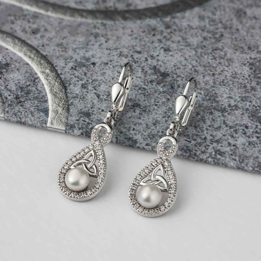 Product image for Irish Earrings | Sterling Silver Twisted Crystal Trinity Knot Pearl Earrings