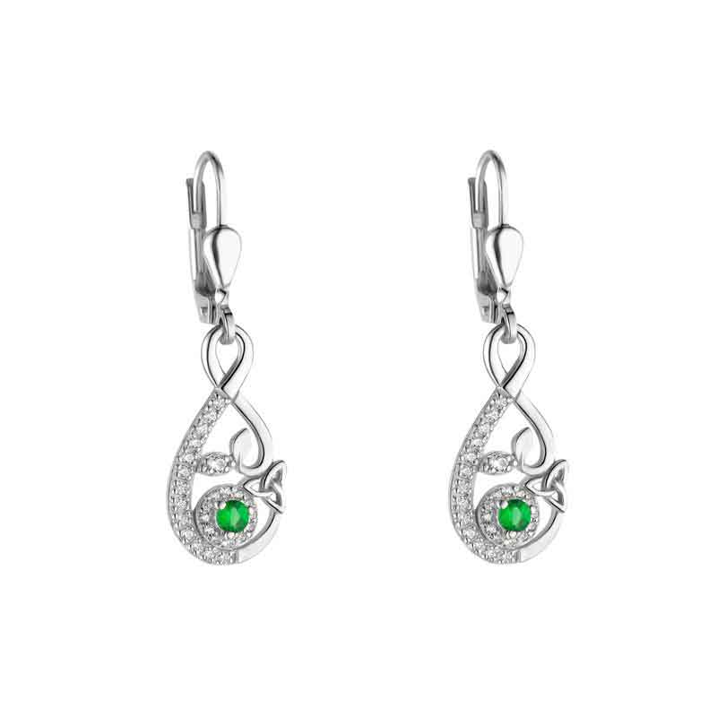 Product image for Irish Earrings | Sterling Silver Green Crystal Ornate Celtic Trinity Knot Drop Earrings