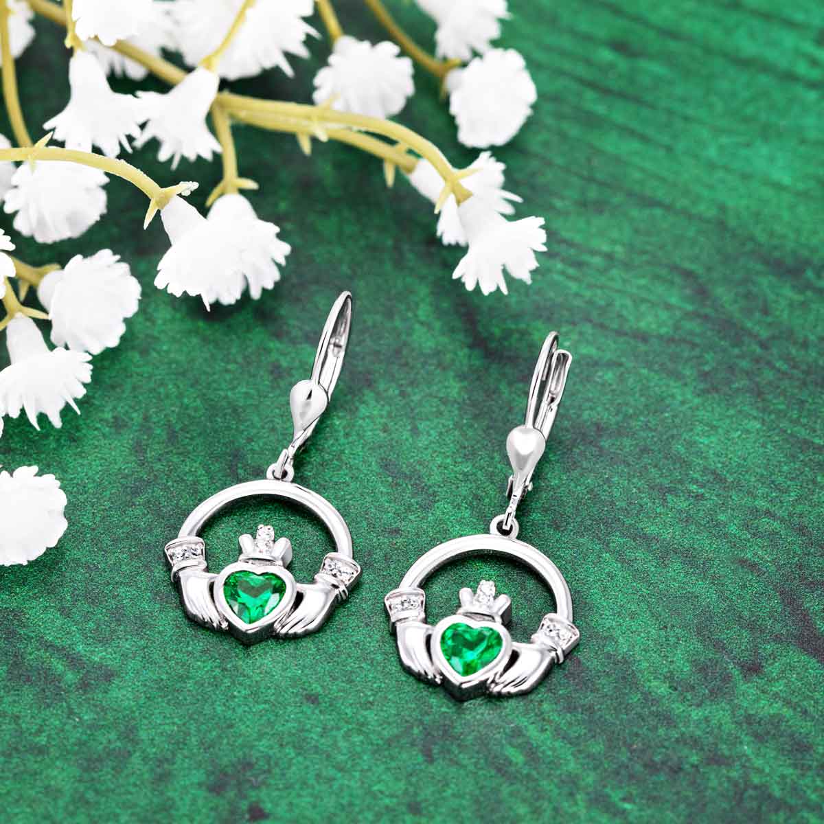 Product image for Irish Earrings | Sterling Silver Large Green Crystal Heart Claddagh Earrings