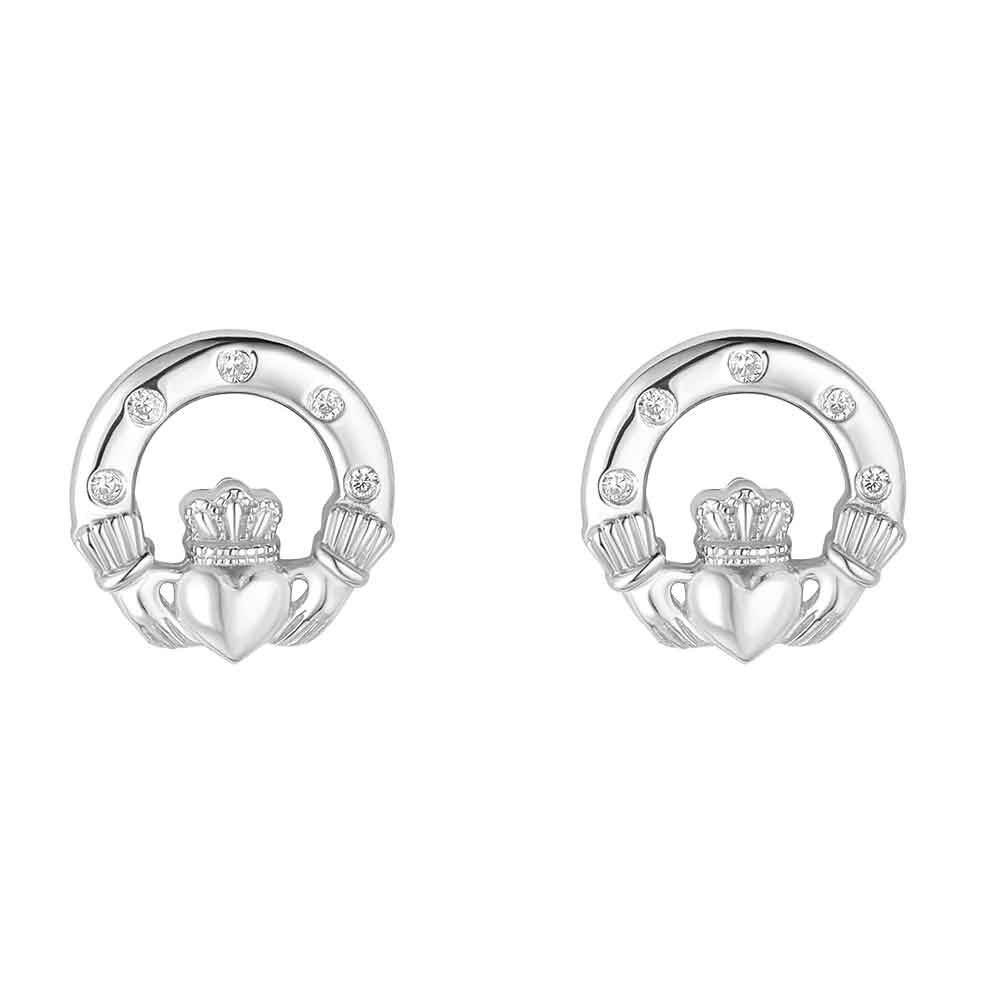 Product image for Irish Earrings | Sterling Silver Flush Set Crystal Stud Claddagh Earrings