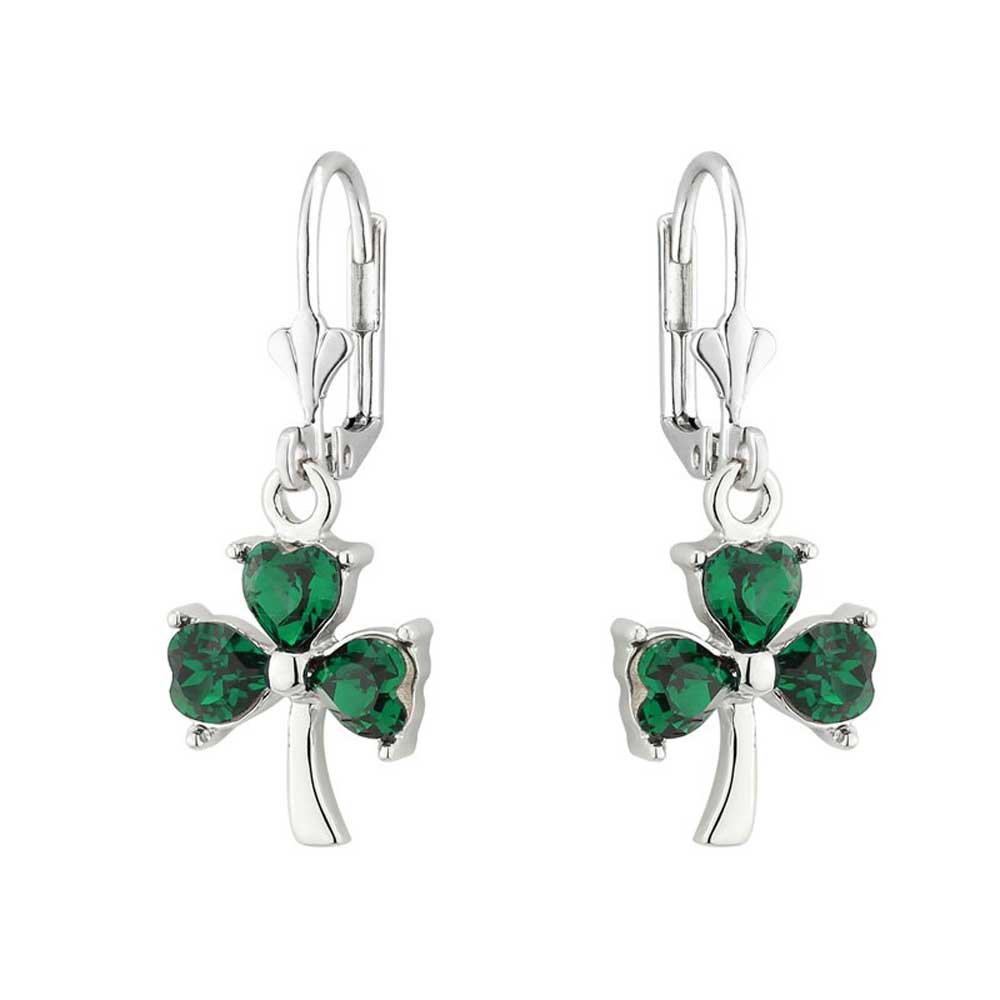 Product image for Irish Earrings | Green Crystal Sterling Silver Drop Shamrock Earrings