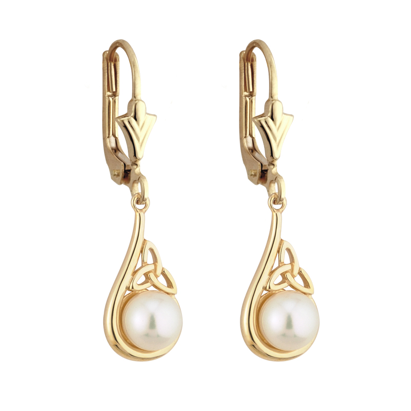 Product image for SALE - Irish Earrings - 14k Yellow Gold Trinity Knot Pearl Celtic Earrings