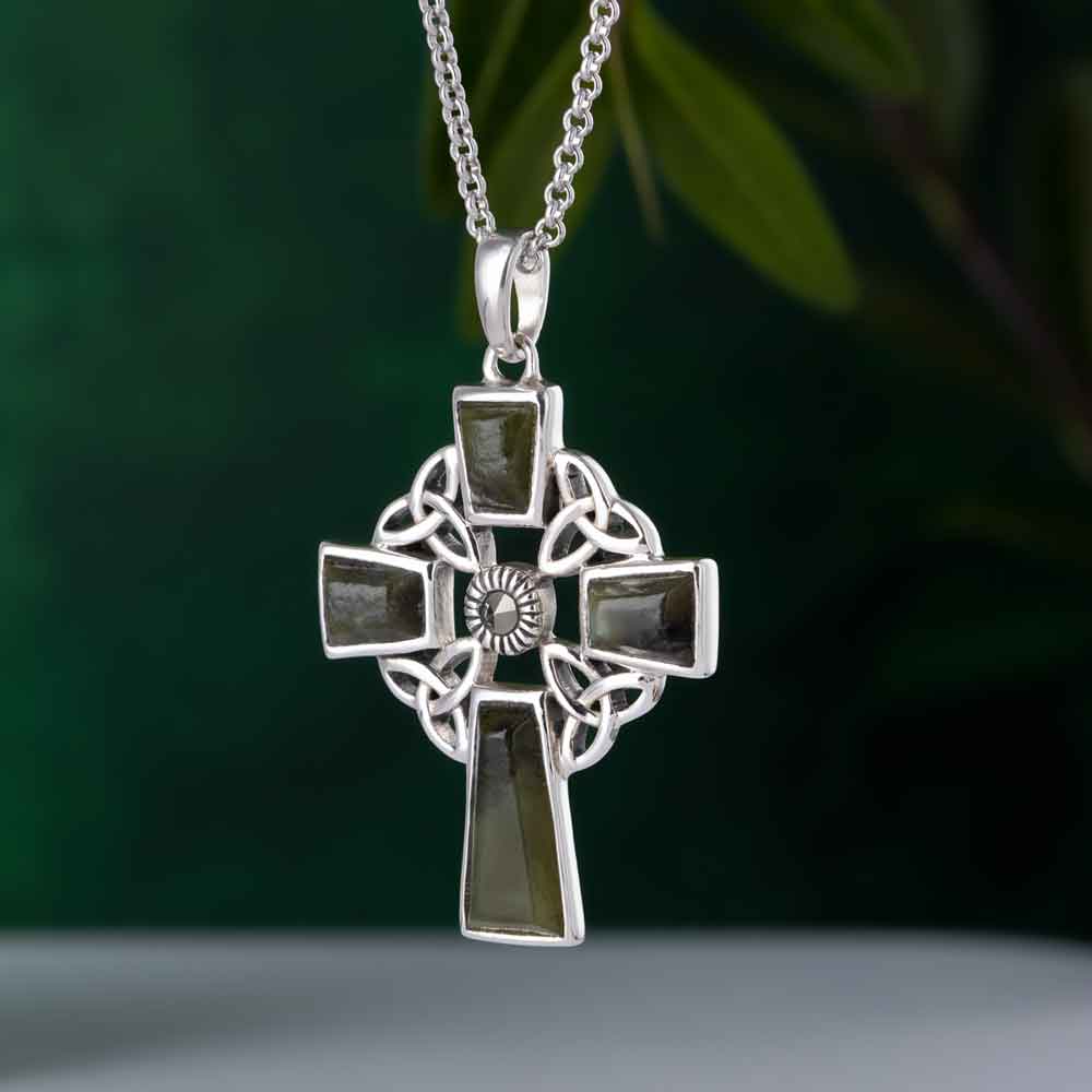 Product image for Celtic Pendant - Sterling Silver and Connemara Marble Celtic Cross Pendant with Chain