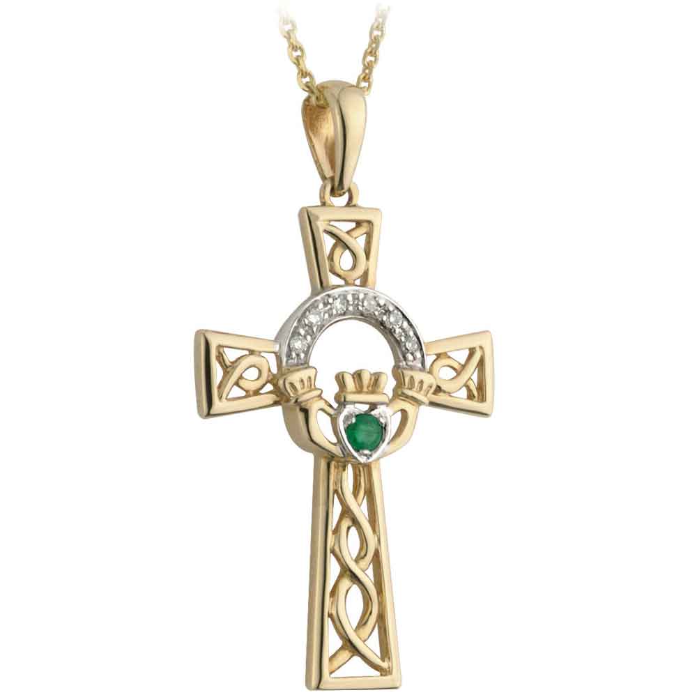 Product image for Celtic Pendant - 14k Gold with Diamond and Emerald Claddagh Cross Pendant with Chain