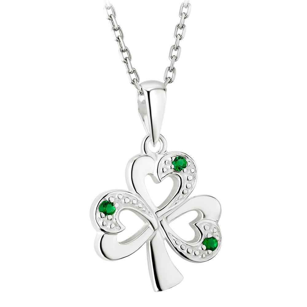 Product image for Irish Necklace - Sterling Silver and Green Stone Shamrock Pendant with Chain