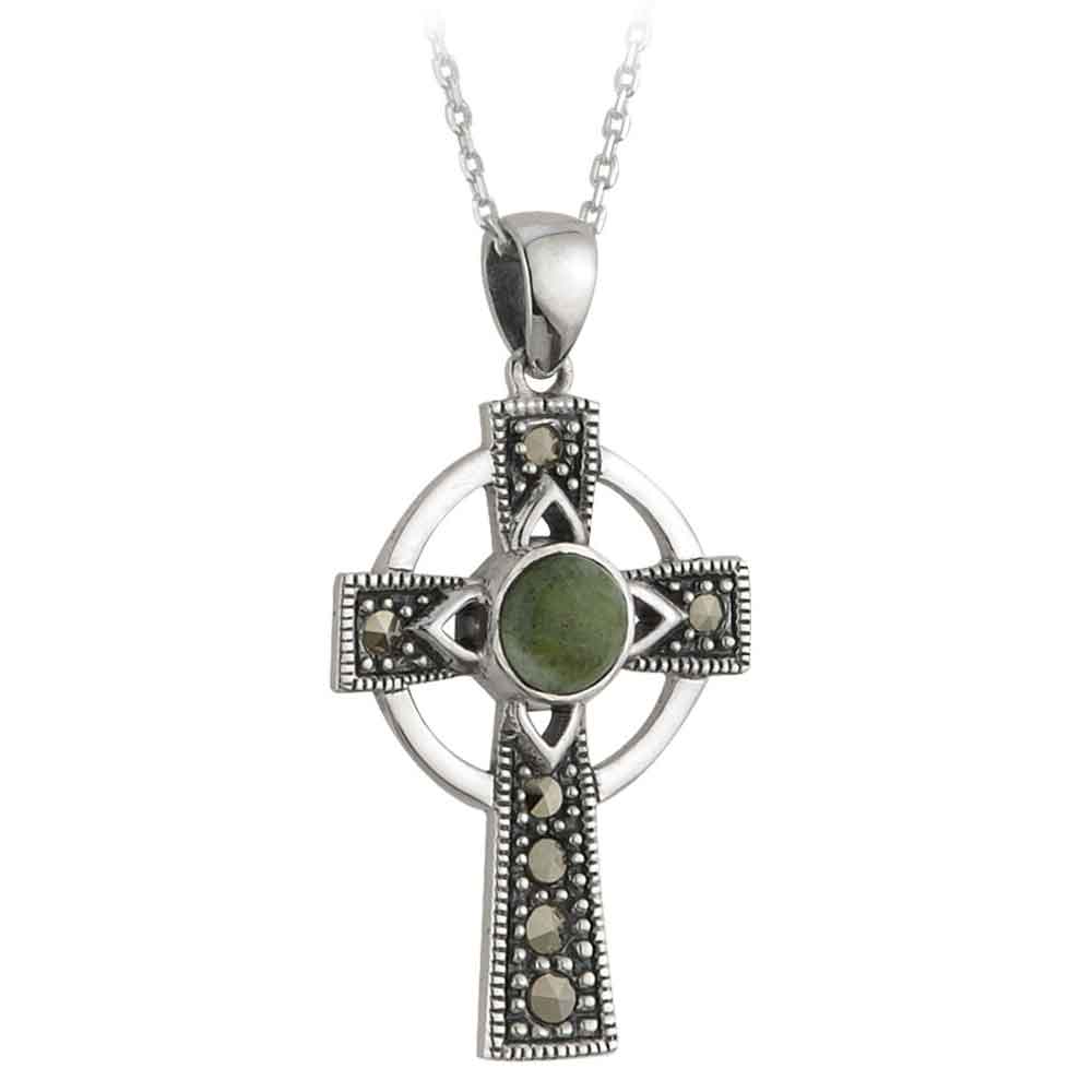 Product image for Celtic Pendant - Sterling Silver and Connemara Marble Marcasite Celtic Cross Pendant with Chain