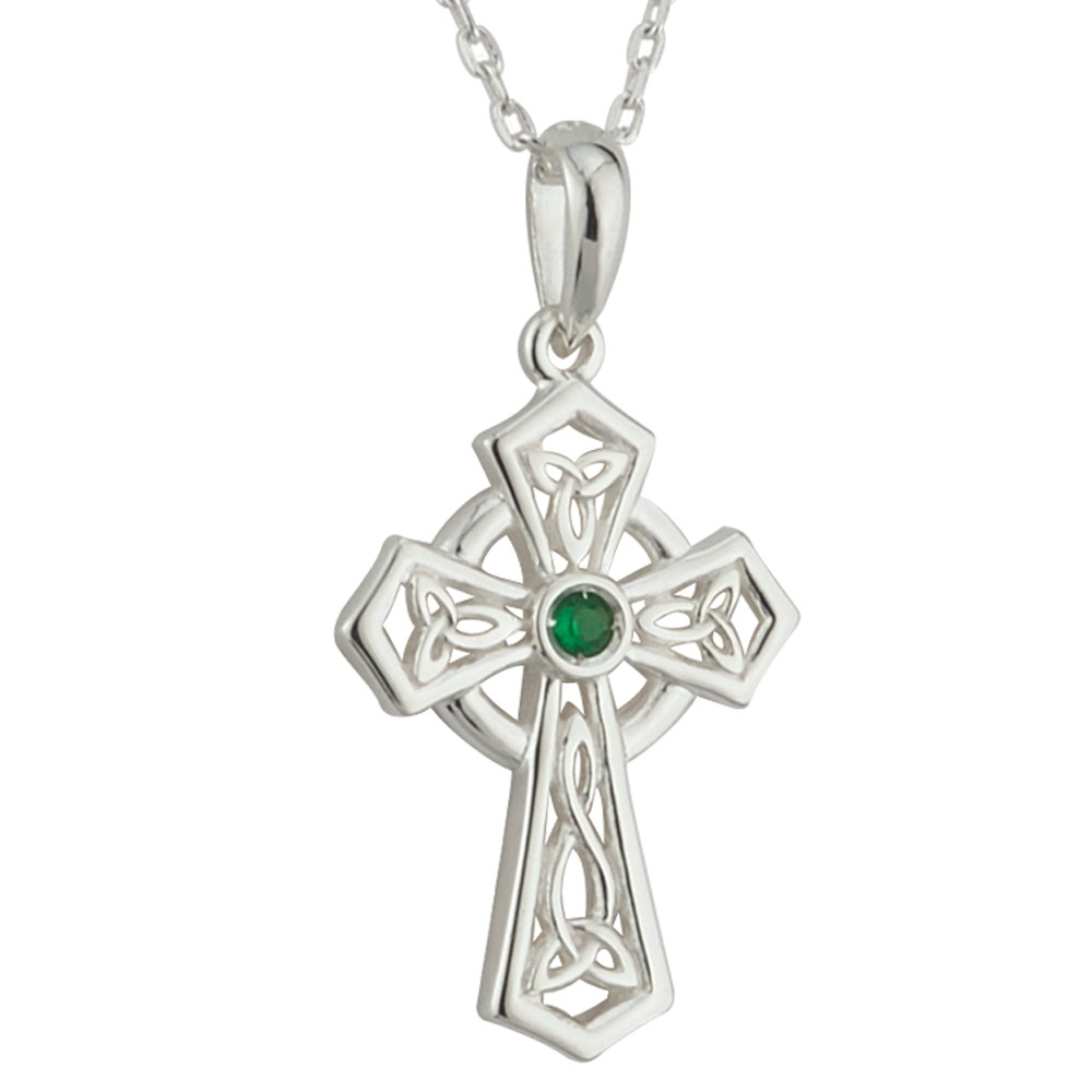 Product image for Irish Necklace | Sterling Silver Green Crystal Celtic Knot Cross Pendant