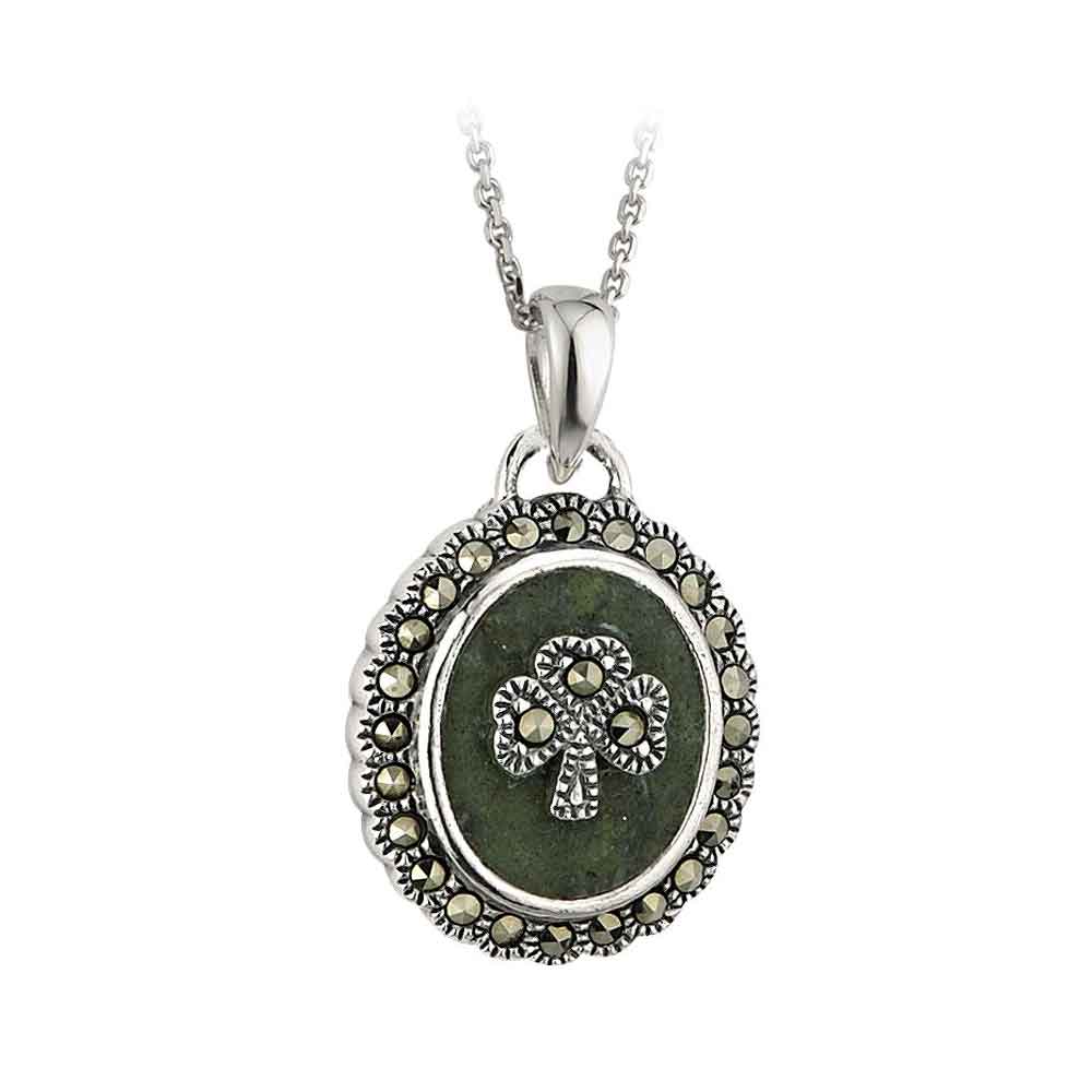 Product image for Irish Necklace - Sterling Silver Marcasite Shamrock Marble Pendant with Chain