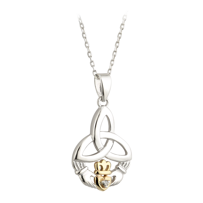 Product image for Irish Necklace | Diamond Sterling Silver and 10k Yellow Gold Celtic Trinity Knot Claddagh Pendant