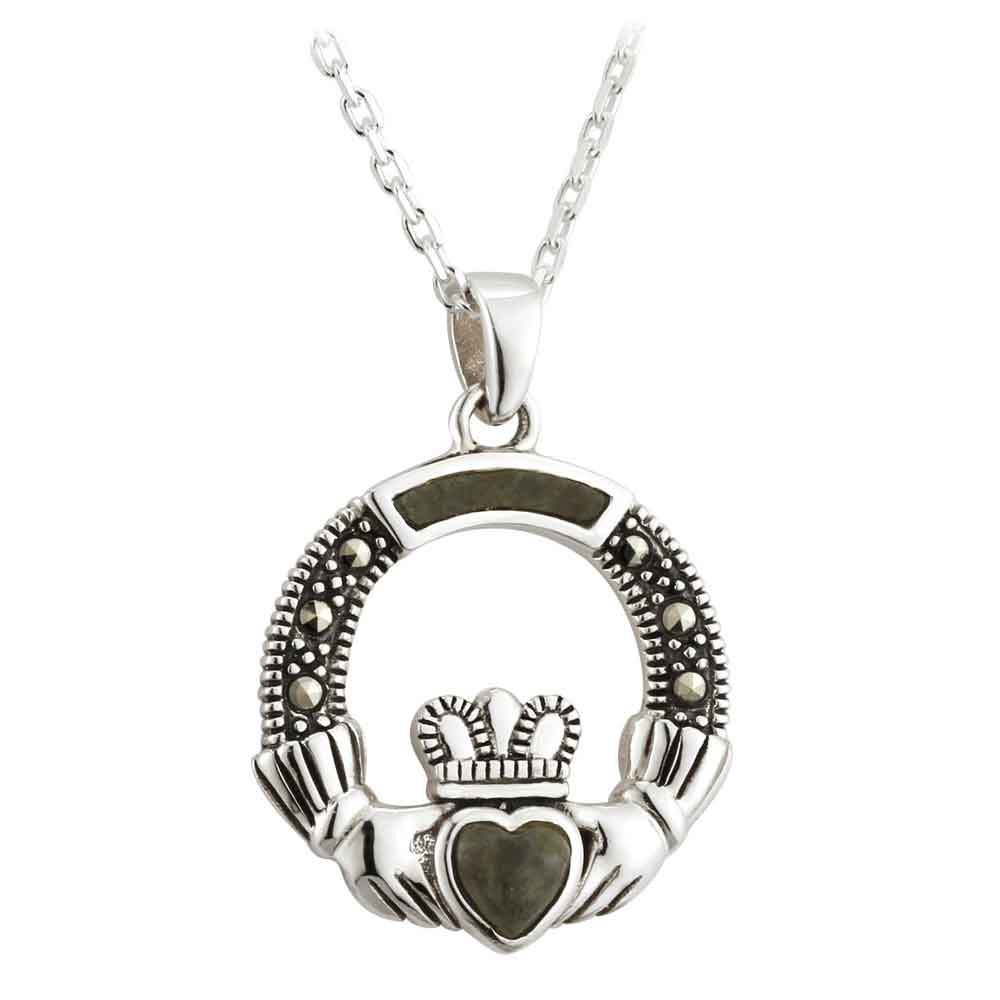 Product image for Irish Necklace - Sterling Silver Connemara Marble Marcasite Claddagh Pendant
