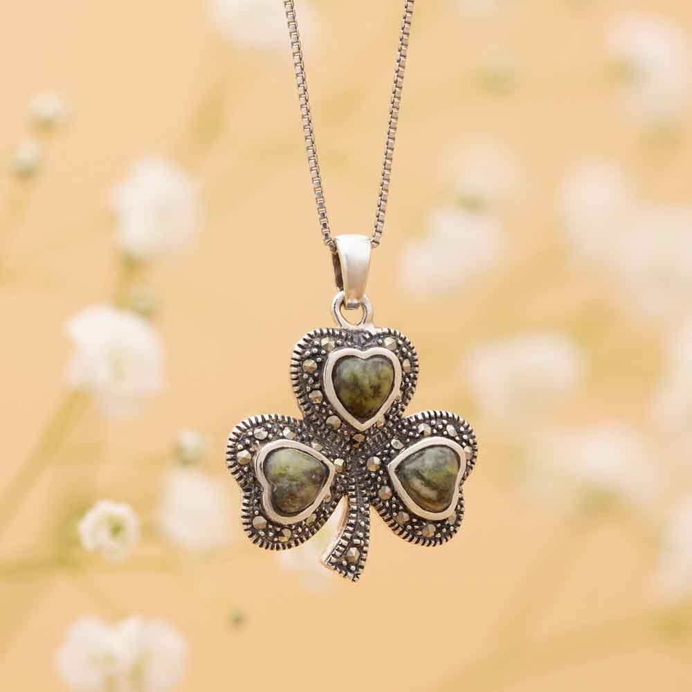 Product image for Irish Necklace - Sterling Silver Connemara Marble Marcasite Shamrock Pendant