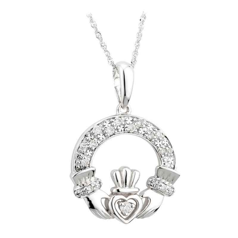 Product image for Irish Necklace - 14k White Gold and Diamond Claddagh Pendant