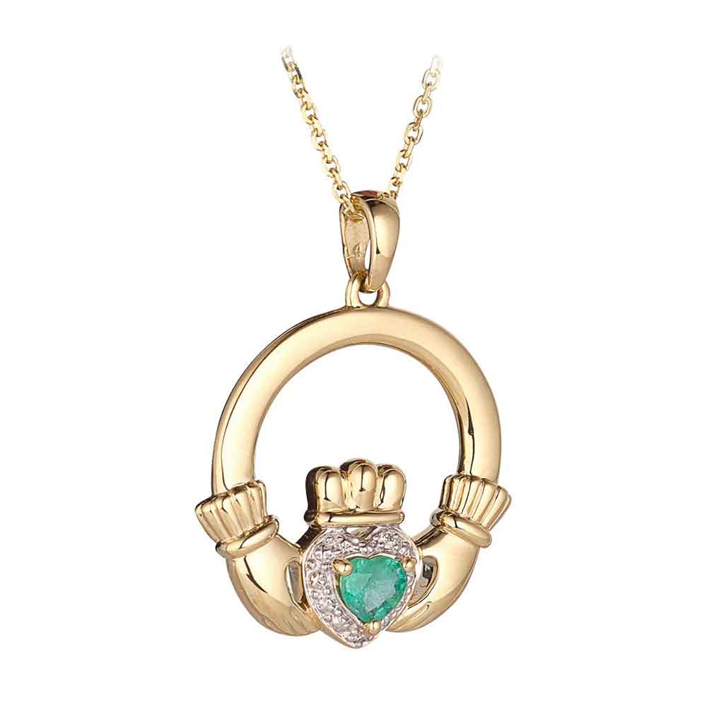 Product image for Irish Necklace | 14k Gold Emerald & Diamond Claddagh Pendant