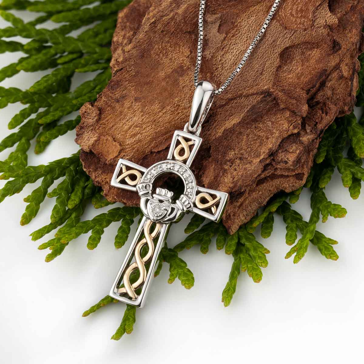Product image for Claddagh Necklace - Silver, 10k Gold & Diamond Claddagh Cross Pendant