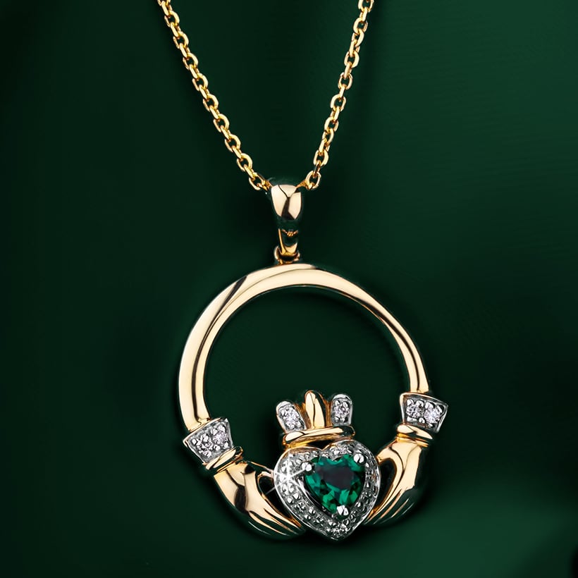 Product image for Irish Necklace | 14k Gold Diamond & Emerald Claddagh Pendant