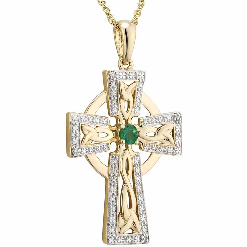 Product image for Irish Necklace | 14k Gold Diamond & Emerald Celtic Cross Large Pendant