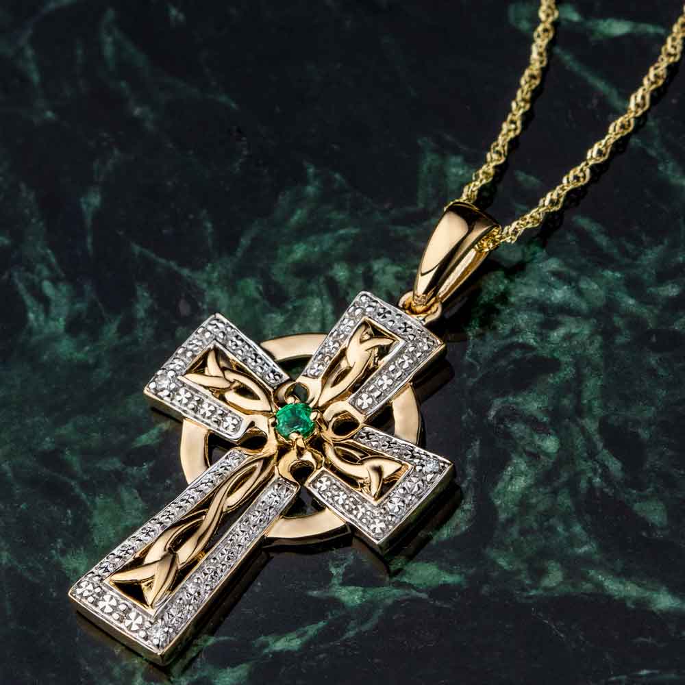 Product image for Irish Necklace | 14k Gold Diamond & Emerald Celtic Cross Pendant