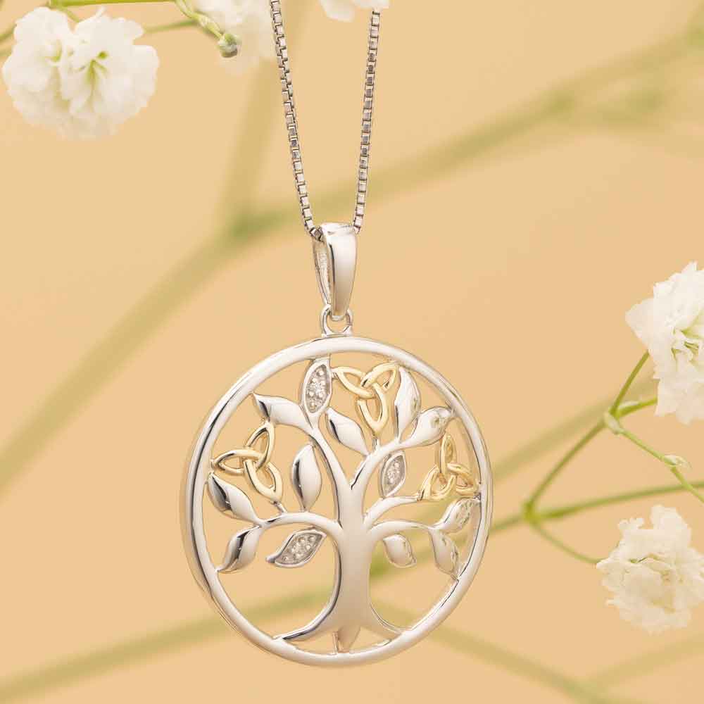 Product image for Irish Necklace | Diamond Sterling Silver and 10k Yellow Gold Celtic Tree of Life Pendant