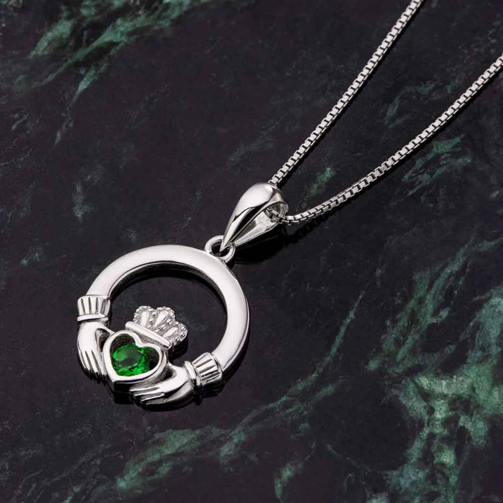 Product image for Claddagh Necklace - Sterling Silver Green Crystal Irish Pendant