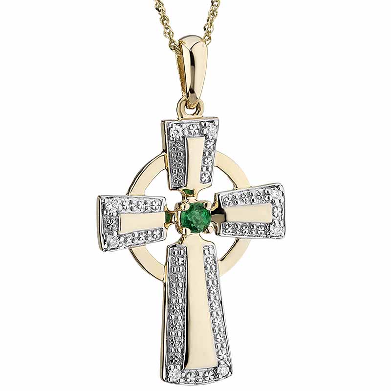 Gold Celtic Cross Necklace - Emerald - 4494