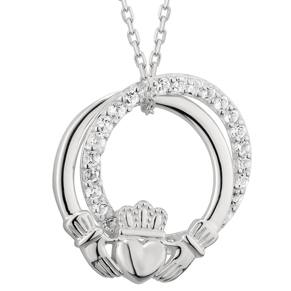 Product image for Irish Necklace | Sterling Silver Crystal Circle Claddagh Pendant