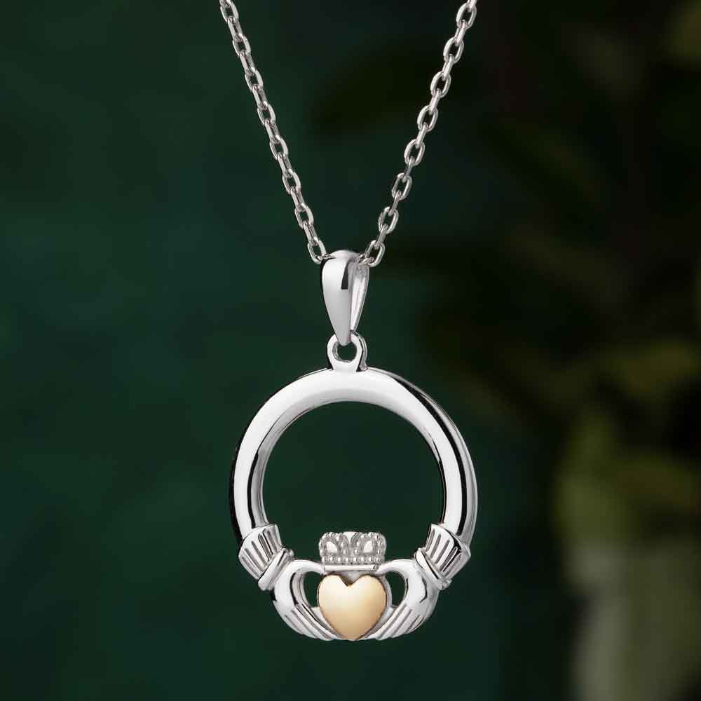 Product image for Irish Necklace | 10k Gold Heart Sterling Silver Claddagh Pendant