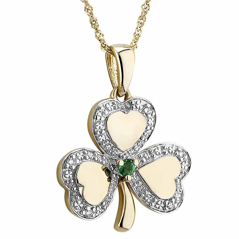 Product image for Irish Necklace | 10k White & Yellow Gold Diamond & Emerald Shamrock Pendant