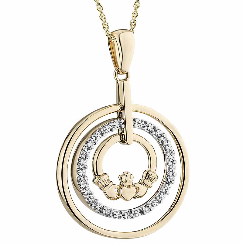 Product image for Irish Necklace | 10k Yellow & White Gold Circle Claddagh Pendant