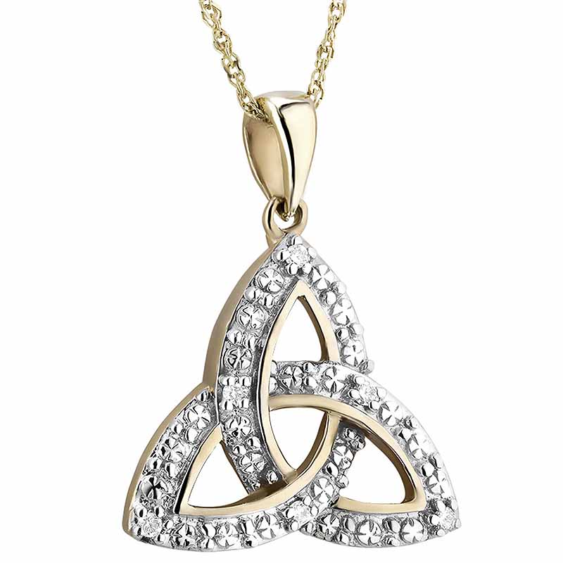 Product image for Irish Necklace | 10k White & Yellow Gold Diamond & Emerald Trinity Knot Pendant