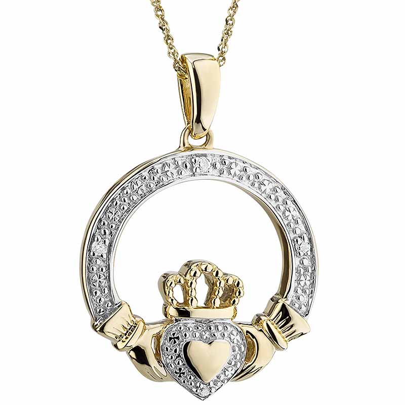 Product image for Irish Necklace | 10k Gold Heart Diamond Claddagh Pendant