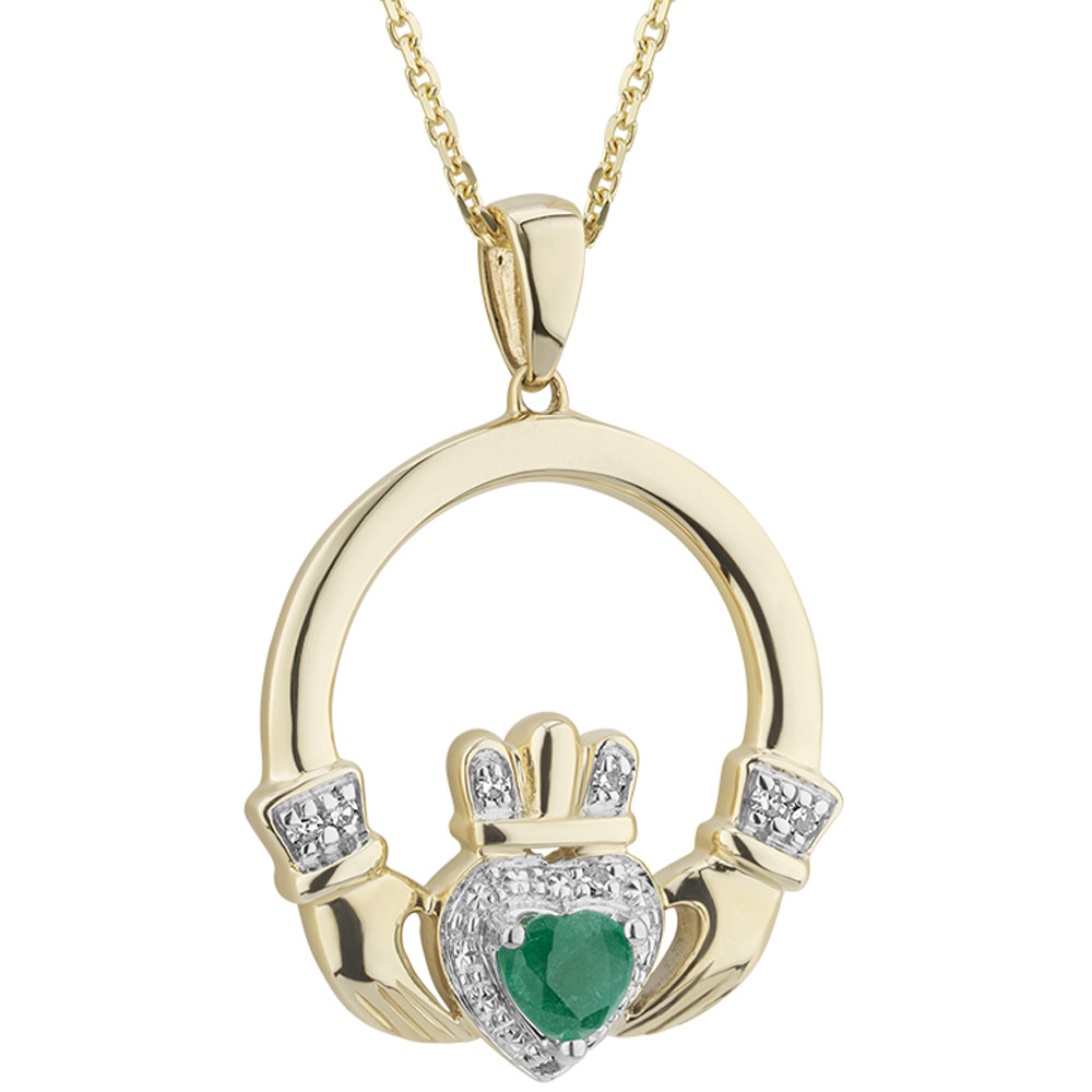 Product image for Irish Necklace | 14k Gold Emerald & Diamond Claddagh Pendant