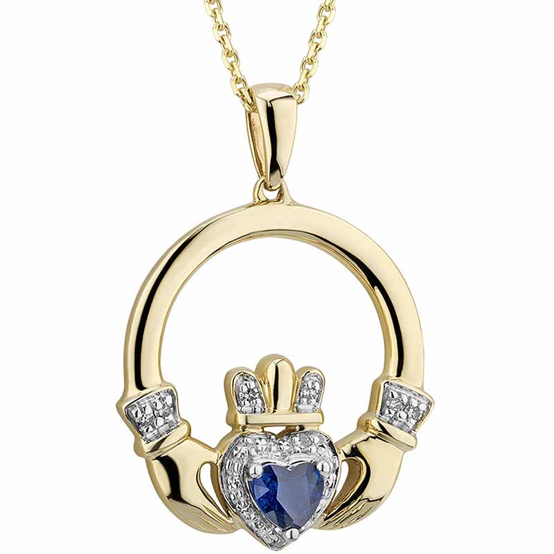 Product image for Irish Necklace | 14k Gold Sapphire & Diamond Claddagh Pendant