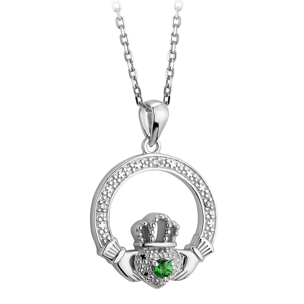 Product image for Irish Necklace | Sterling Silver Green Crystal Illusion Claddagh Pendant