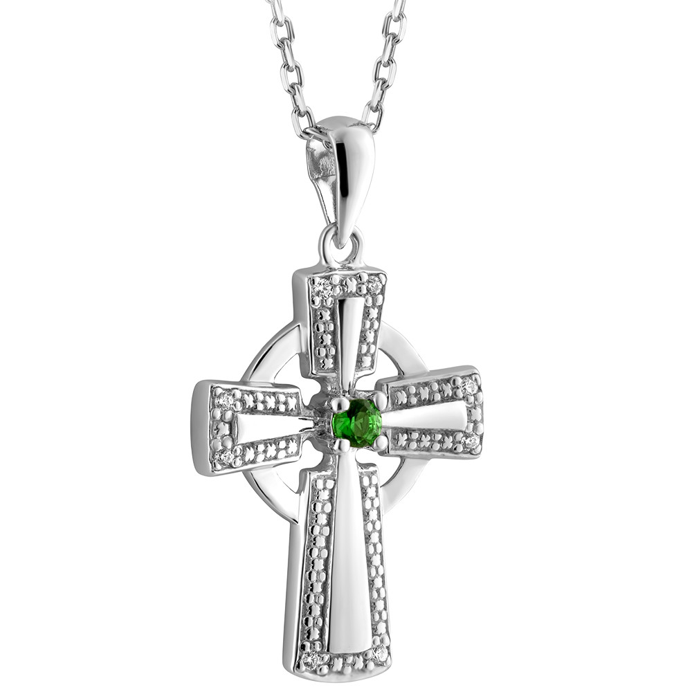 Product image for Irish Necklace | Sterling Silver Green Crystal Illusion Celtic Cross Pendant